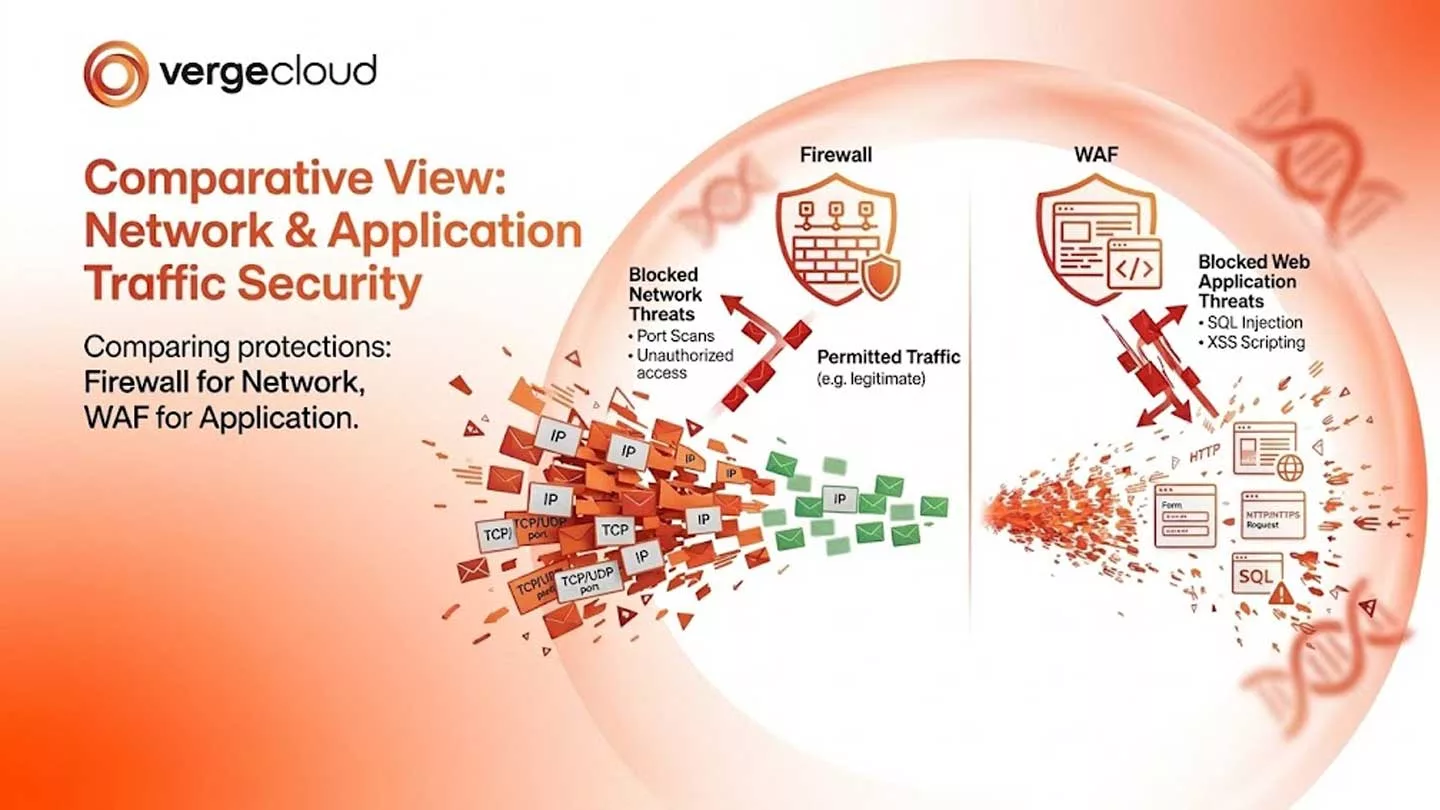 Comparison of network traffic and application traffic protected by firewalls and WAFs